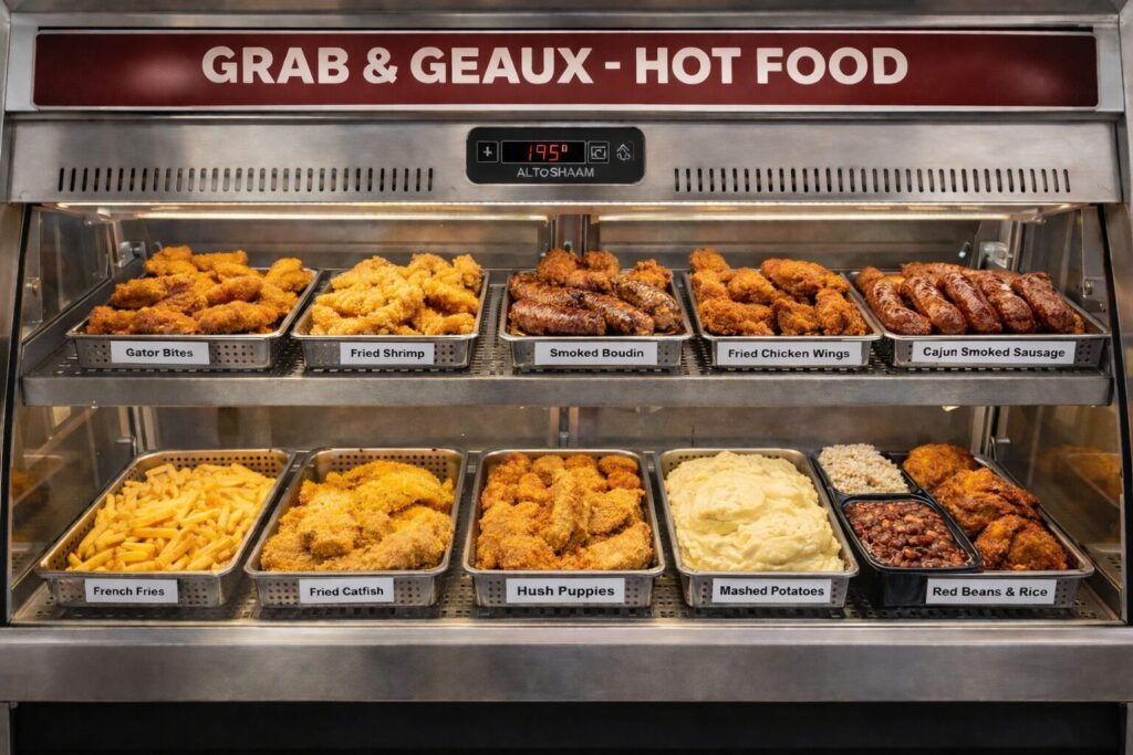 A lighted, heated deli display case with a sign reading "Grab & Geaux - Hot Food." It holds metal trays filled with Southern foods like gator bites, fried shrimp, smoked boudin, fried chicken wings, cajun sausage, french fries, fried catfish, hush puppies, mashed potatoes, and red beans and rice.