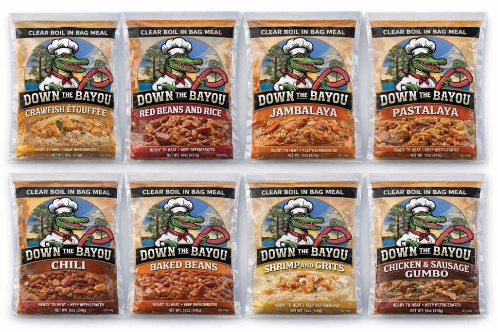 Eight packages of Down The Bayou ready-to-heat boil-in-bag meals. The flavors shown are Crawfish Étouffée, Red Beans and Rice, Jambalaya, Pastalaya, Chili, Baked Beans, Shrimp and Grits, and Chicken & Sausage Gumbo. Each package features the Down The Bayou alligator chef logo.