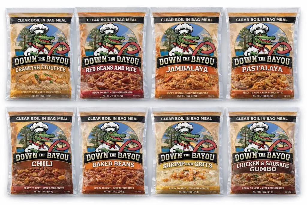 Eight packages of Down The Bayou ready-to-heat boil-in-bag meals. The flavors shown are Crawfish Étouffée, Red Beans and Rice, Jambalaya, Pastalaya, Chili, Baked Beans, Shrimp and Grits, and Chicken & Sausage Gumbo. Each package features the Down The Bayou alligator chef logo.
