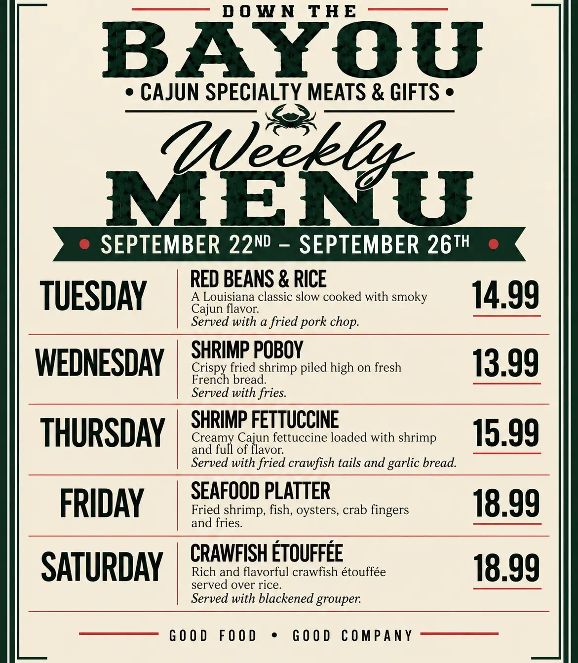 Down the Bayou Meats weekly menu for September 20, 2026 through September 26, 2026